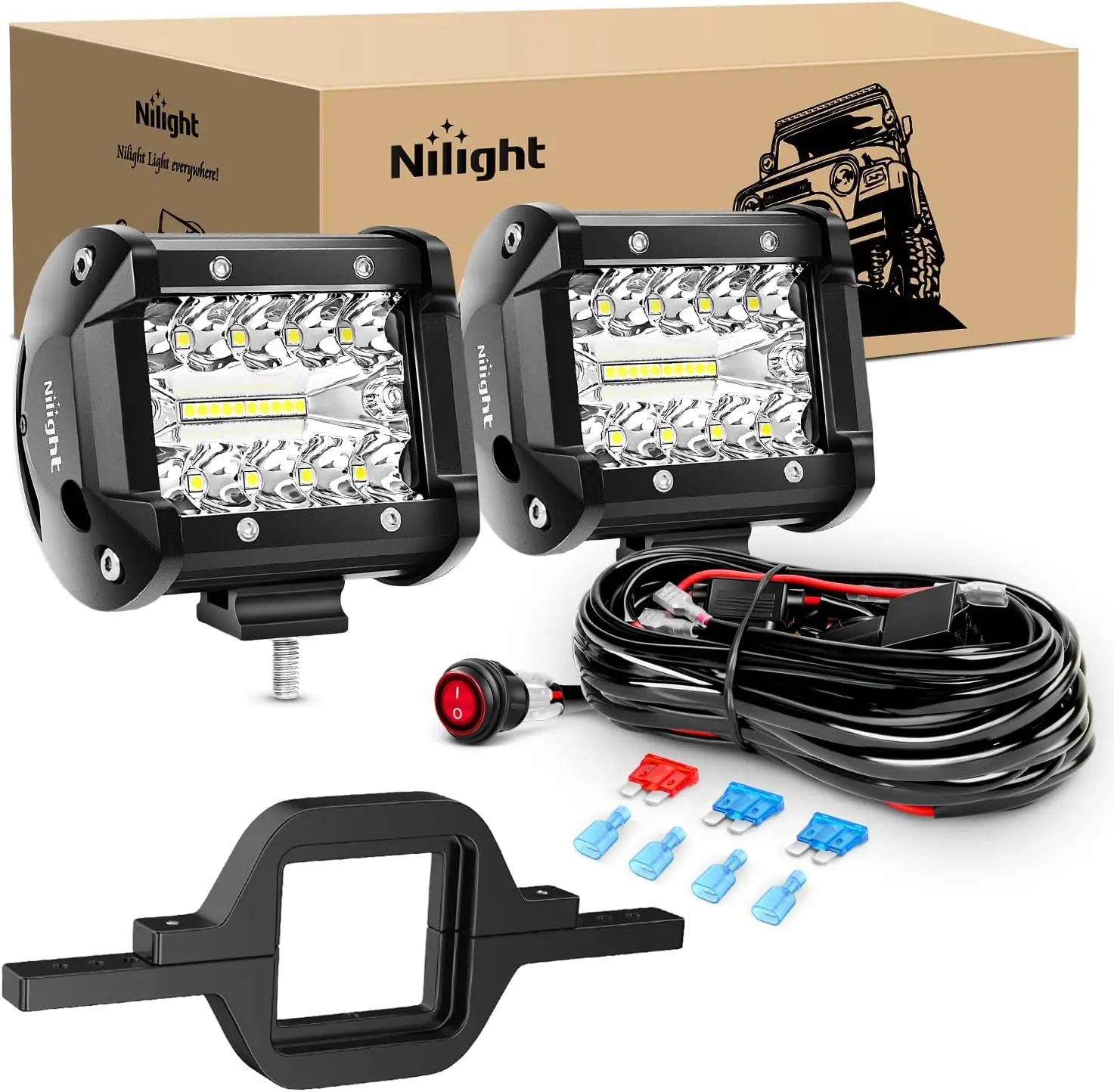Nilight 2 Pcs 4 Inch 60W Led Pods with 2 Inch Tow Hitch Mounting Brackets Backup Reverse Lights Rear Light Bar for Pickup ATV SUV Truck Trailer Boat Lightbar, Tailgate Light Bar, Off Road Lights Under Dash Lighting Underglow Car