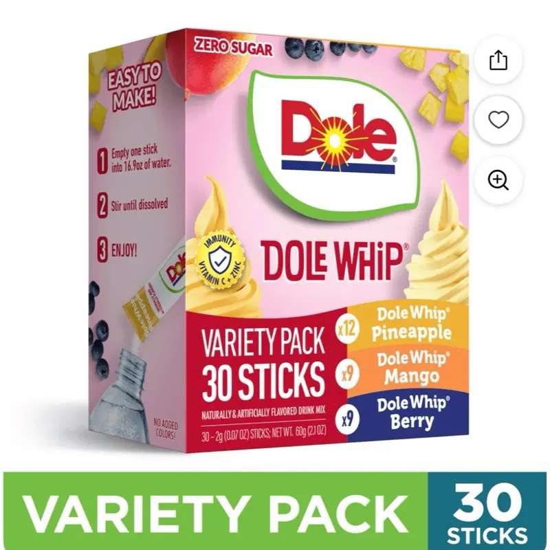 Beverage Whip Powder Mix Variety Pack - Pineapple, Mango, Berry Flavors, 0 Sugar, 30 Sticks