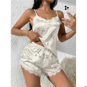 Vacation PajamaSetWhiteSetBridalLingerie FloralPrintEyelashLaceTrimSatinPJSet