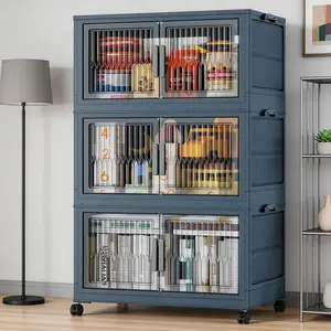 Multi Layer Stackable Foldable Storage Cabinet Transparent Vertical Strip Door No Assembly Wheeled Movable Living Room Bedroom Kitchen Multiuse Shelf