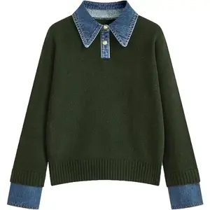 Womens Denim Lapel Sweater Oversized Long Sleeve Button Down Polo Knit Pullover Sweaters 2025 Fall Outfits