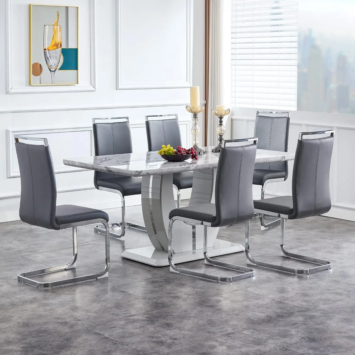 MUUOKY 7-Piece Dining Table Set with Chairs, Rectangle Gray Faux Marble Table & PU Leather Chairs, Ideal for Dining Room, Kitchen (Weekly Picks), Chairs Dining Table