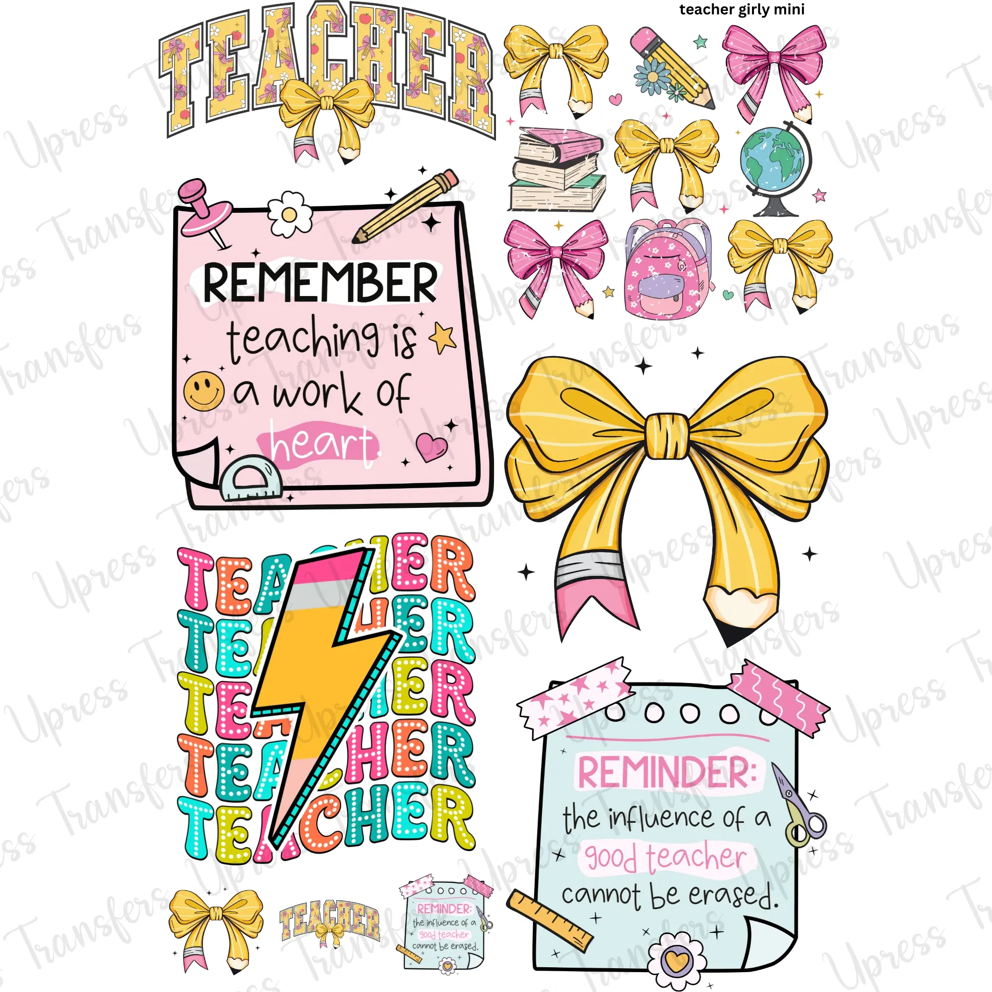Teacher Girly Mini DTF Transfer Gang Sheet 24.5" Wide x 36" Long Direct To Film Trendy Vibrant Designs for Stylish Wardrobe