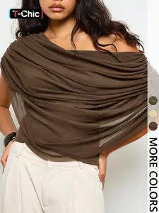 Women's Brown Off-Shoulder Draped Elegant Minimalist Chic Blouse - Sheer Asymmetrical Casual Fashionable Top for Office & Casual Outings | Trendy Quiet Luxury, Viral TikTok Top Blouses Shirts Tops