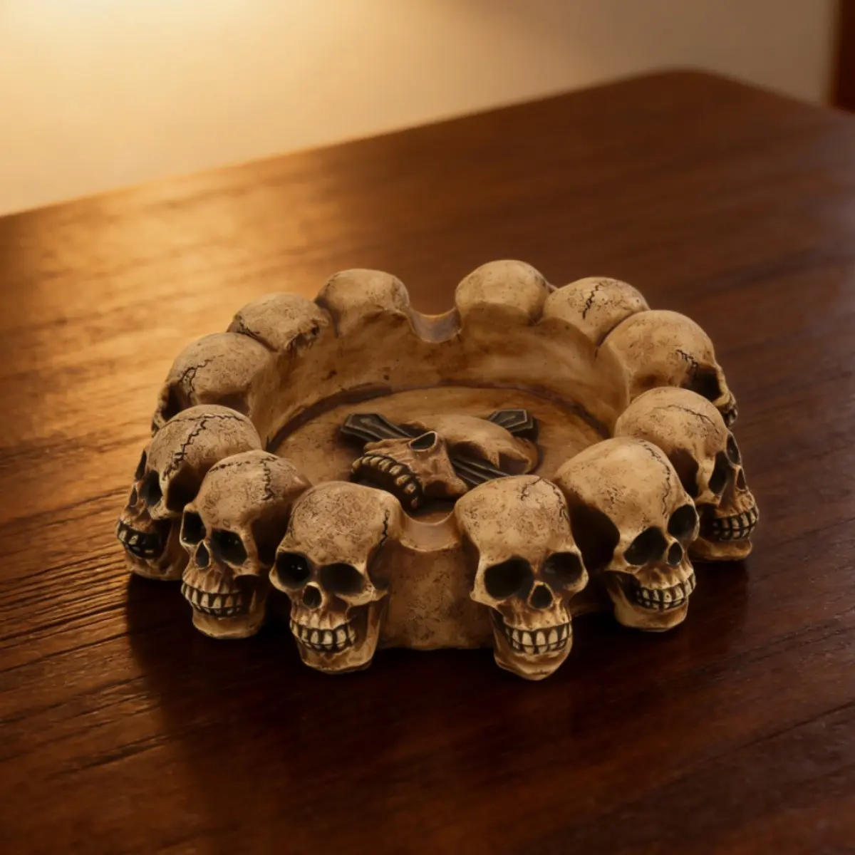 Gothic Retro Cross Skull Resin Ashtray, Round Windproof Cigarette Holder for Home and Office Desk Decor Ornaments, Cool Skeleton Themed Indoor Outdoor Smoking Accessory