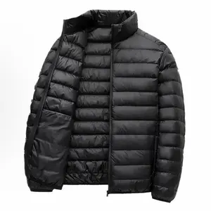 Men's basic solid color long-sleeve jacket with a zipper and stand-up collar, thickened, featuring pockets and windproof cuffs, autumn and winter sports jacket, ribbed pattern lightweight down jacket, simple pocket zipper design