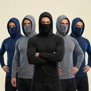 6-piece set men's outdoor work sun protection clothing with sun-blocking hoodie, featuring built-in face mask and neck guard, breathable long-sleeve hoodie Breatheable