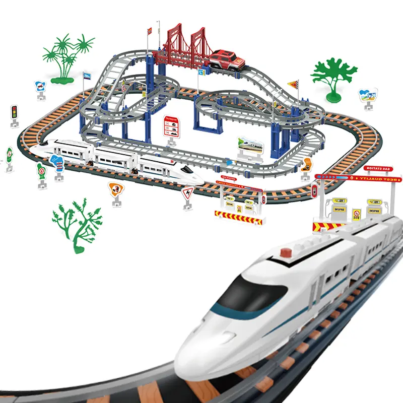 Urban Rail Transit Set for Kids Electric Train with Tracks Lights-Up Bridge Road Signs Realistic Sound Effects Playset Boy Toys Birthday Decoration