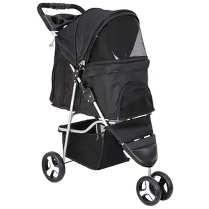 Zeny 3-Wheel Foldable Pet Stroller - Dog Jogging Cart, Animal Carrier with Cup Holder, Storage Basket, Stable Design, Breathable Seat Covers, Black