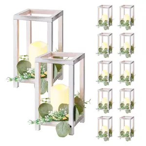 VEVOR 12 Set/36 Pcs Wooden Wedding Lantern Centerpiece, Includes 12 Wooden Lantern Candle Holder 12 Flameless LED Candle 12 Eucalyptus Leaves Wreath for Wedding Table Party Farmhouse Decor, White