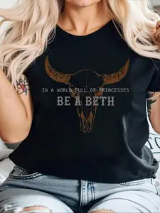 Women's Bull Head Print Round Neck Tee, Vintage Trendy Casual Short Sleeve T-shirt for Daily Wear, Ladies Sleepwear for All Seasons, Top