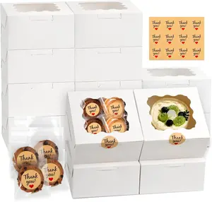 12 Pcs Cookie Boxes with Window, 6X6X3 Inches White Bakery Boxes, Treat Boxes with 50 Pcs Cookie Bags and 12 Pcs Stickers, for Dessert Pastry Chocolate Strawberries Macarons Donut Cupcake ZYFOTZUN