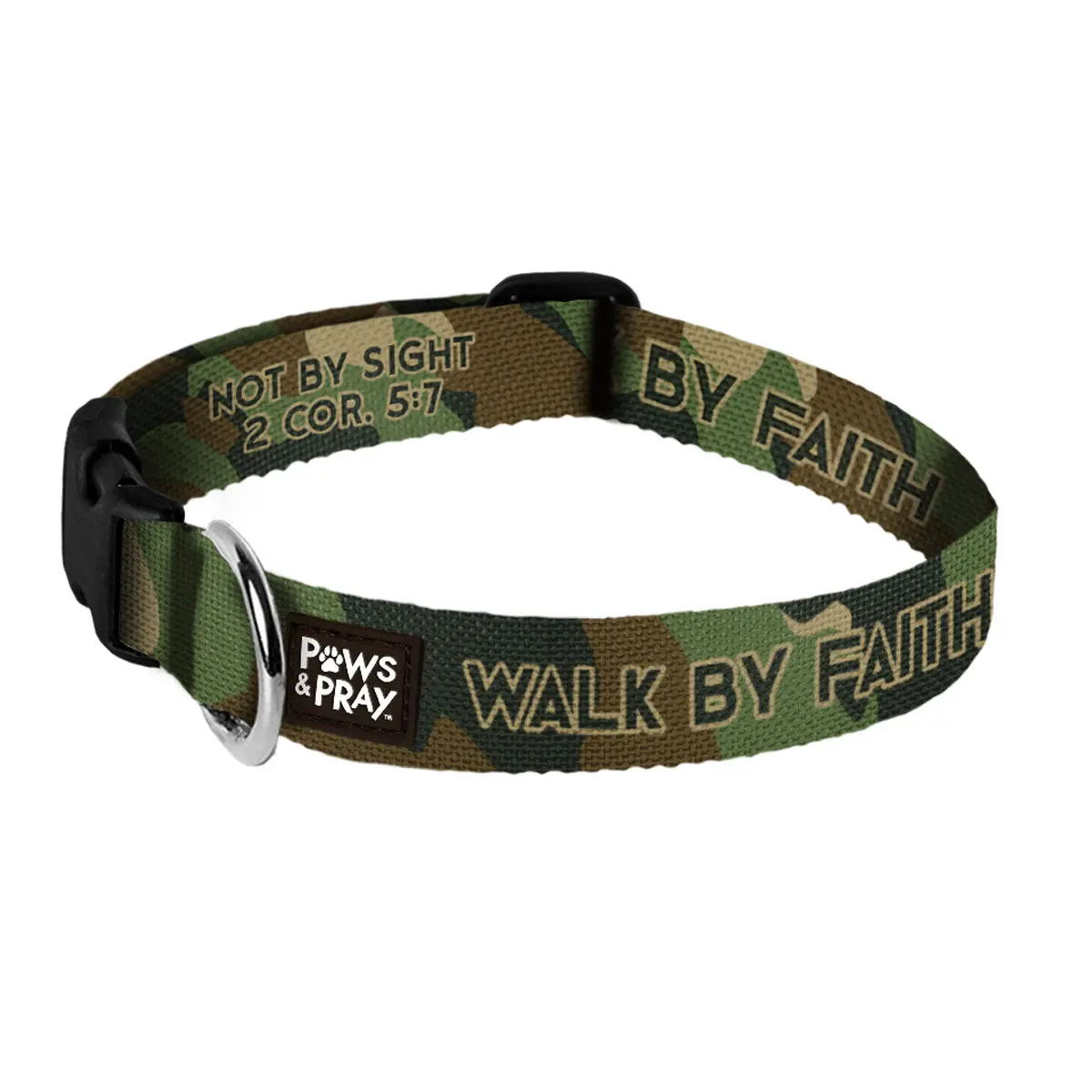 Paws & Pray Adjustable Length Camo Pet Collar - Faith Quote Print, Plastic Buckle, Polyester Webbing, Leash Attachment - Ideal for Trail Walks, Neighborhood Strolls - Dog & Cat Accessory