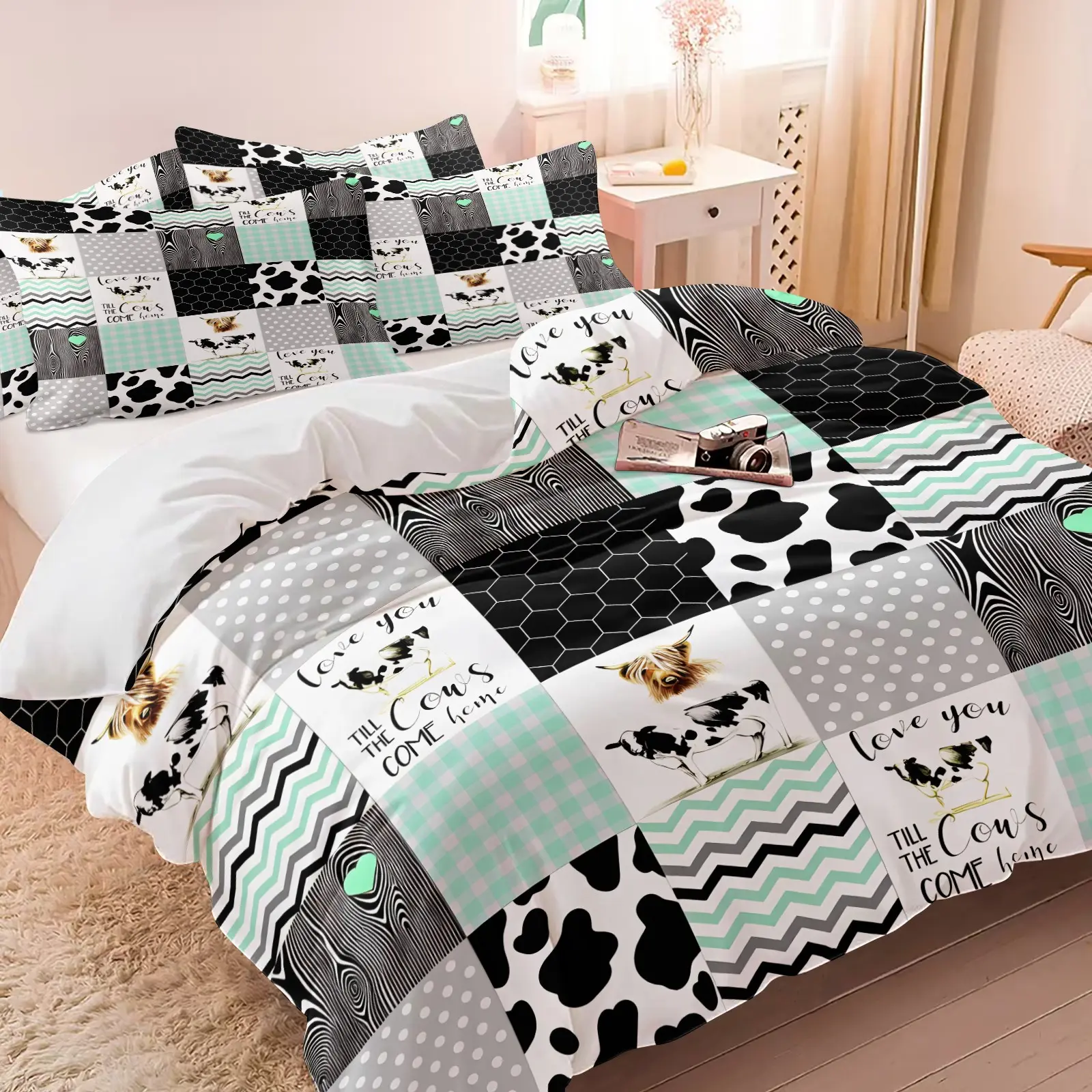 2/3Pcs Highland Cow Patchwork Print Duvet Cover Set, American Western Farmhouse Comforter Cover, Bedding Set with Pillowcases, Comfy Bedding Sets, No Filler, Soft Microfiber, Rustic Country Style for Teen Bedroom & College Dorm Decor