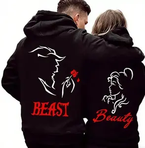 Beauty & Beast Matching Couple Hoodie & T-Shirt  Trendy Unisex Streetwear for Couples – Stylish 100% Cotton Pullover, Cozy Fall Outdoor Casual Outfit, Romantic Autumn Fashion, Perfect Valentine’s & Anniversary Gift f