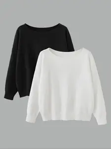 Women's Solid Color Drop Shoulder Boat Neck Sweater, Casual Long Sleeve Jumper for Fall & Winter, Fashion Ladies' Knitwear for Daily Wear, Sweaters for Women, Womenswear