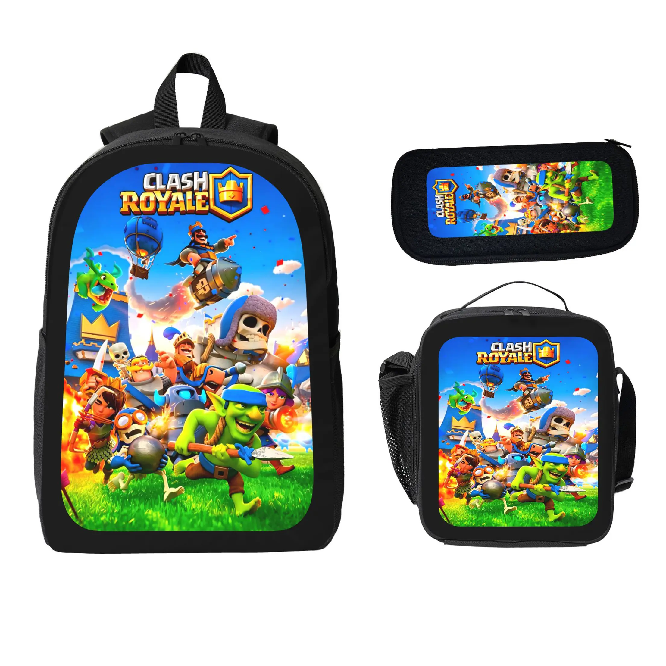 Unisex Clash Royale 3-Piece Synthetic Backpack Set, Colorful Graphic Game Character Print, Lightweight Backpack with Adjustable Straps, Comfortable Lunch Bag, Multiple Pockets Pencil Case, Back to School Haul School Supplies Gift for Young Gamers, Vibrant