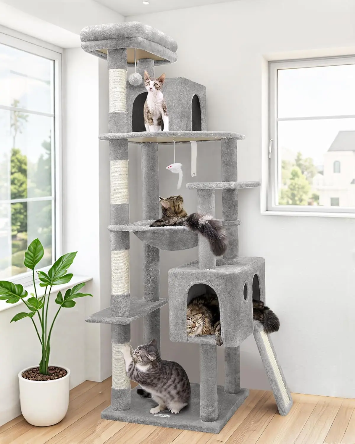 Heavy Duty Cat Tree, 70 inch Sturdy Cat Tree for Indoor Cats Extra Large Cat Tower with Scratching Post, Hammock, Cat Condo for Adult Cats Kittens, F70 Pro, Light Grey