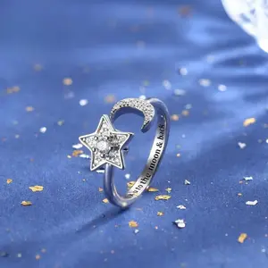 Fidget Anxiety Ring - Moon & Star Design - Cubic - Open Spinning Ring - - Perfect Gift for Women - Suitable for Daily Wear And Special Occasions