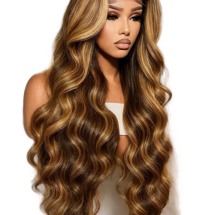 Highlighted Body Wave Wig Lace 28 inch 360 Wig 200% Density Long Brown Ombre Hairpiece for Women Human Hair