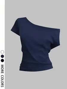 Women's Trendy Minimalist Asymmetrical One-Shoulder Short Sleeve Top, Solid Color Slim-Fit Casual Tee, Sexy Off-Shoulder Design