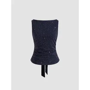Cider Boat Neck Rhinestone Knotted Tank Top