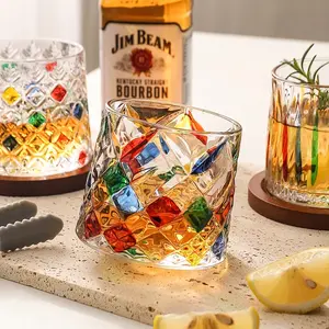 Creative thickened rotating whiskey glass, hand-painted spinning glass, colorful glass cup, a stress-relieving cup, perfect as a holiday gift for family and friends.