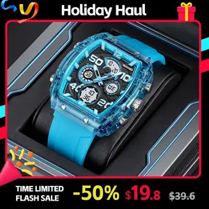 SKMEI Unisex Tonneau Case Ana-Digi Sport Watch - Wrist-Worn Digital Watches with Silicone Band, 3 Time Zones, Stopwatch, Alarm, Countdown, LED Backlight, 61.1g Lightweight, 5ATM Water Resistant