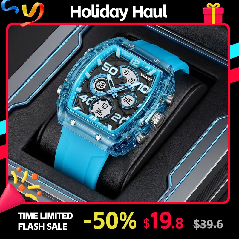 SKMEI Unisex Bold Barrel Tonneau Sport Watch, Lightweight Polycarbonate Design with a Backlit Hybrid Dial & 3 Timezones, Cooking, Water, Pedometer, Alarm