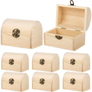 8 count Unfinished  Treasure Chest Decorative Pine  Box with Hinged Lid and Locking Clasp Plain Decorate Wooden Boxes for Art Hobbies DIY   Storage
