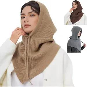 Winter Balaclava Hat Scarf for Women Knitted Hooded Caps Outdoor Warm OnePiece Neck Collar Beanies Hats Girls in Brown & Gray