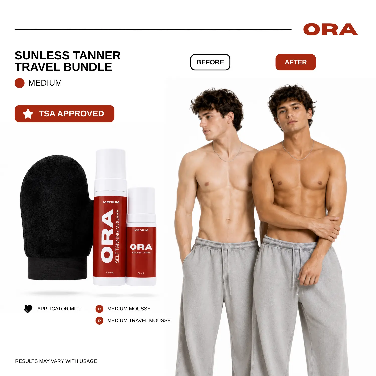ORA Medium Self Tanning Mousse Travel Kit - 200mL Self Tanner + TSA-Approved 50mL Travel Size + Premium Velvet Applicator Mitt | Streak-Free Sunless Tanner for Men, Natural Looking Fake Tan, Muscle-Defining, Fast-Drying, Vegan & Cruelty-Free