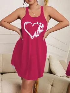 New Plus Size Heart Print Halter Sleepwear, Casual Romantic Full Coverage, High Waist Slimming, Sweet Date Night, Soft Light Filter