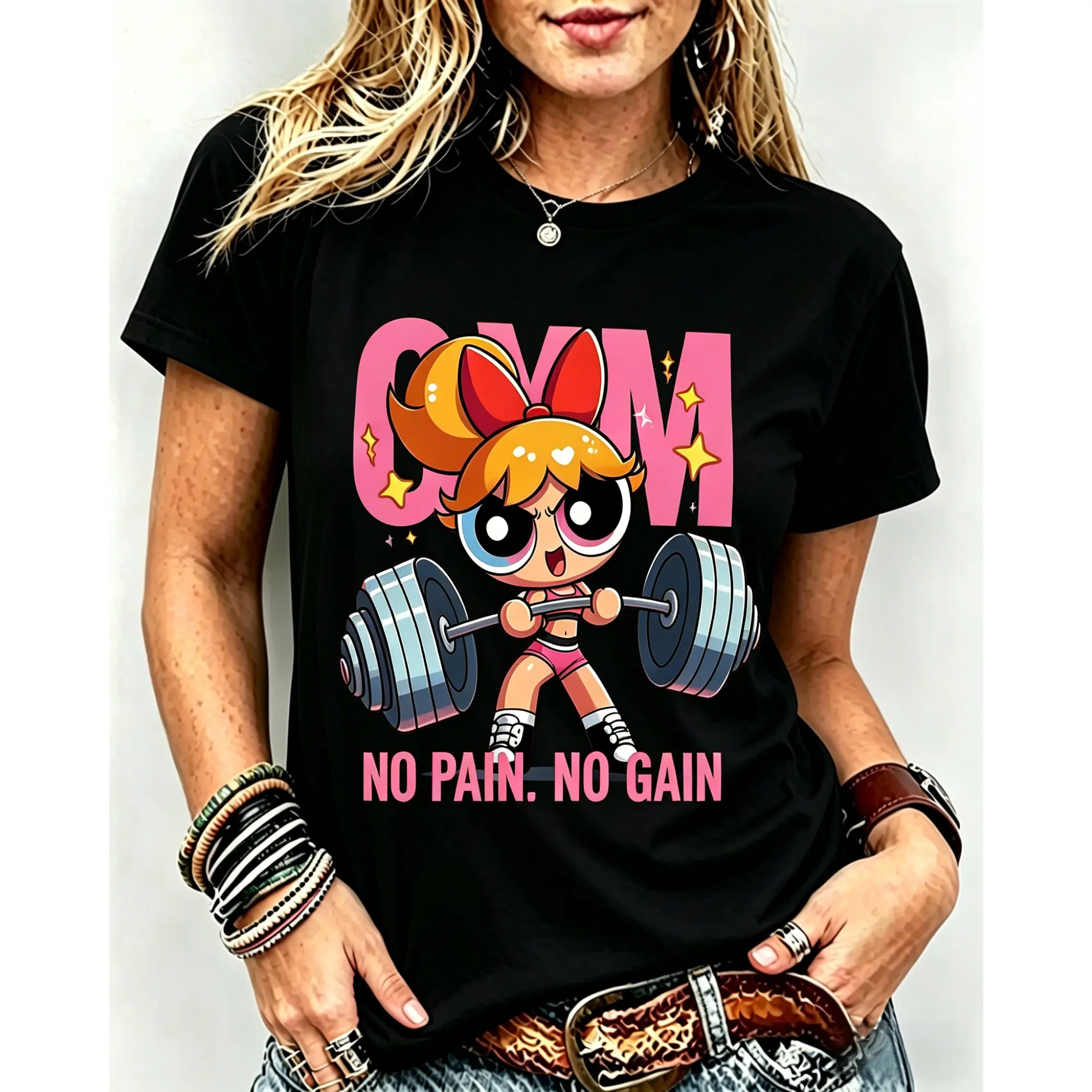 # Powerpulll No Pain No Gain Strong Girl Gym Unisex T-Shirt, Y2K # Powerpuuuf Fitness, Workout Shirt, Trending 2026, Weightlifters, Bodybuilding Shirt, Pump Cover Gym Tee for Men Women