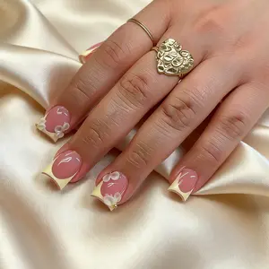 24 Pcs Short Square Nail Tips, Cream French Edge, 3D Flowers & Gold Beads, Glossy Jelly False Nails, Reusable, Includes Glue & File, Glossy Fake Nails