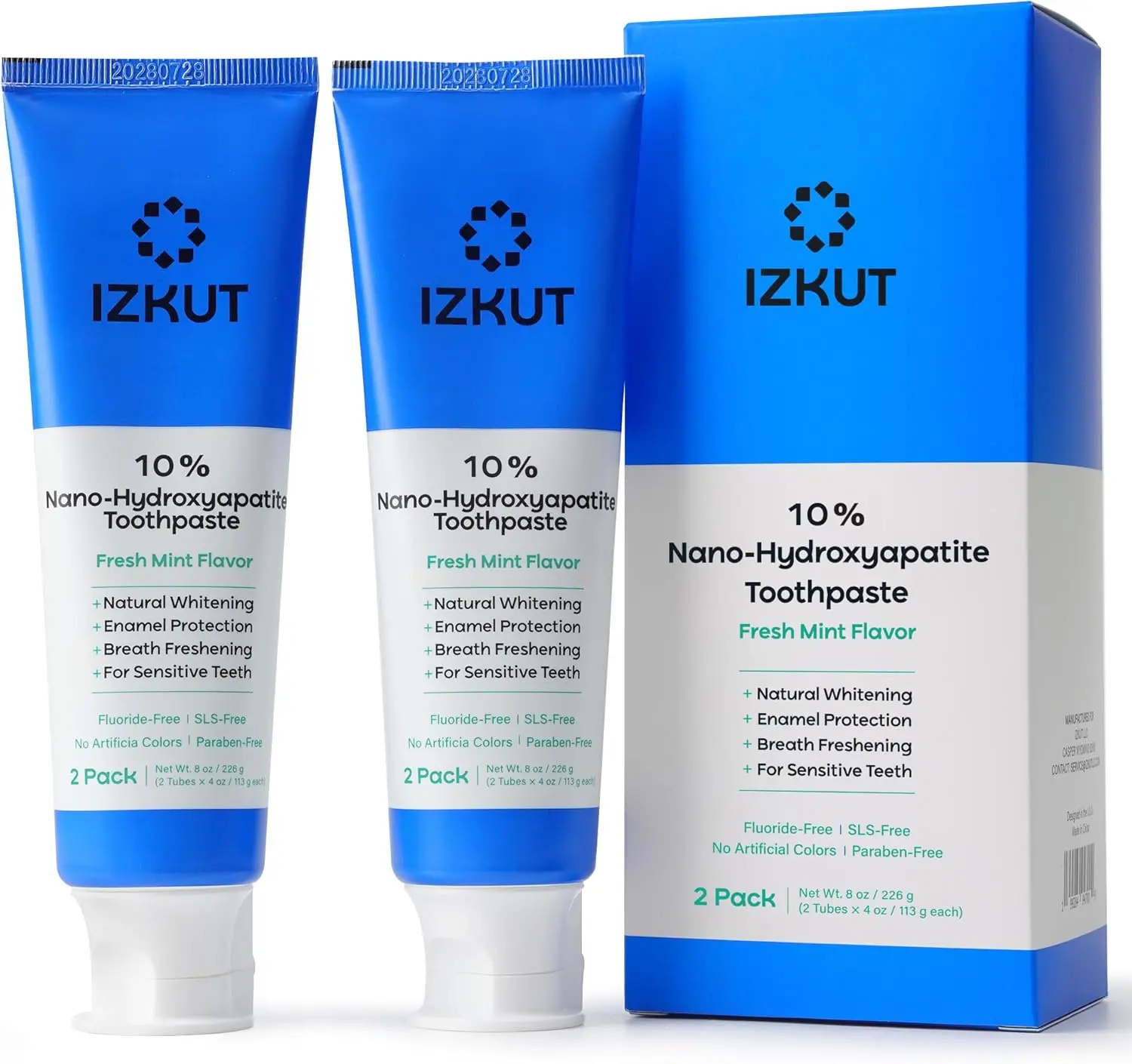 IZKUT 10% Nano Hydroxyapatite Oral Toothpaste - Fluoride-Free, SLS-Free, Natural Whitening for Sensitive Teeth, Enamel Support, Plaque Remover, Minty Fresh Flavor, 4 oz (Pack of 2), Menthol, Scented, Fresh Mint, Gentle On Gums, Multi-Pack