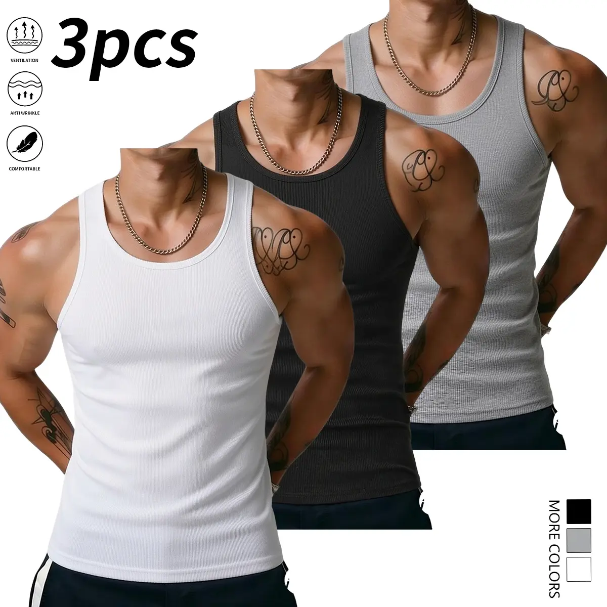 Men's 3-Piece Tank Tops Set, Plain Sleeveless Vests, Medium Stretch Fabric, Normal Type, Indoor Use, Great for Casual Errands & Lounging, Spring/Summer, Machine Washable, Menswear