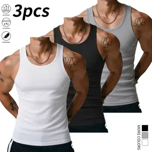 3-piece set Men’s Sleeveless Shirts – Solid Color Sleeveless Tops, Medium Stretch Fabric, Suitable for Home and Casual Wear, Spring/Summer, Machine Washable, Menswear