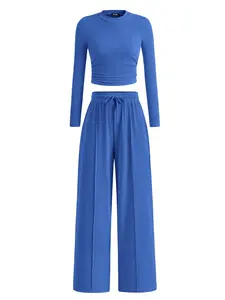 BTFBM 2-Piece Ribbed Knit Long Sleeve Crop Top Wide Leg Pants Matching Lounge Set Loungewear