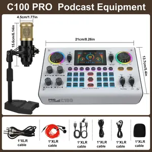 C100PRO Audio Mixer,48V Digital Sound Card, Dual DSP Chips, High Sampling, 3 Custom Effects, Follow-Singing, Instrument Reverb, Digital Display, Noise Reduction, RGB Lights