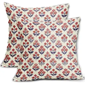 4th of July Patriotic Floral Block Print Pillow Covers 18x18 Inch Set of 2 Navy Blue Red Vintage Flower Decorative Throw Pillowcases Outdoor Memorial Day Cushion Covers Holiday Sofa Couch Bed Decor