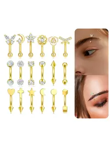 18Pcs Eyebrow Piercing Jewelry Body Jewelry Body Piercing Kit 16G Surgical Steel Curved Barbell Eyebrow Rings Butterfly Moon Vertical Labret Monroe Lip Belly Button Rook Daith Tragus Earrings for Women Men Gold Silver 10mm