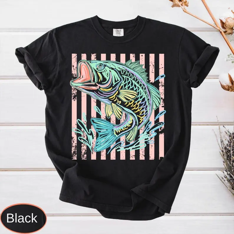 Women's Retro Bass Fish Comfort Colors T-Shirt, Pastel Fishing Tee, Preppy Coastal Lake Shirt