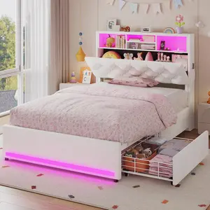 HAUOMS Bed Frame with Bookcase Headboard,LED Bed Frame with 4 Storage Drawers,Power Outlet, Modern Velvet Upholstered Platform Bed Frames for Kids, No Box Spring Needed, Creamy