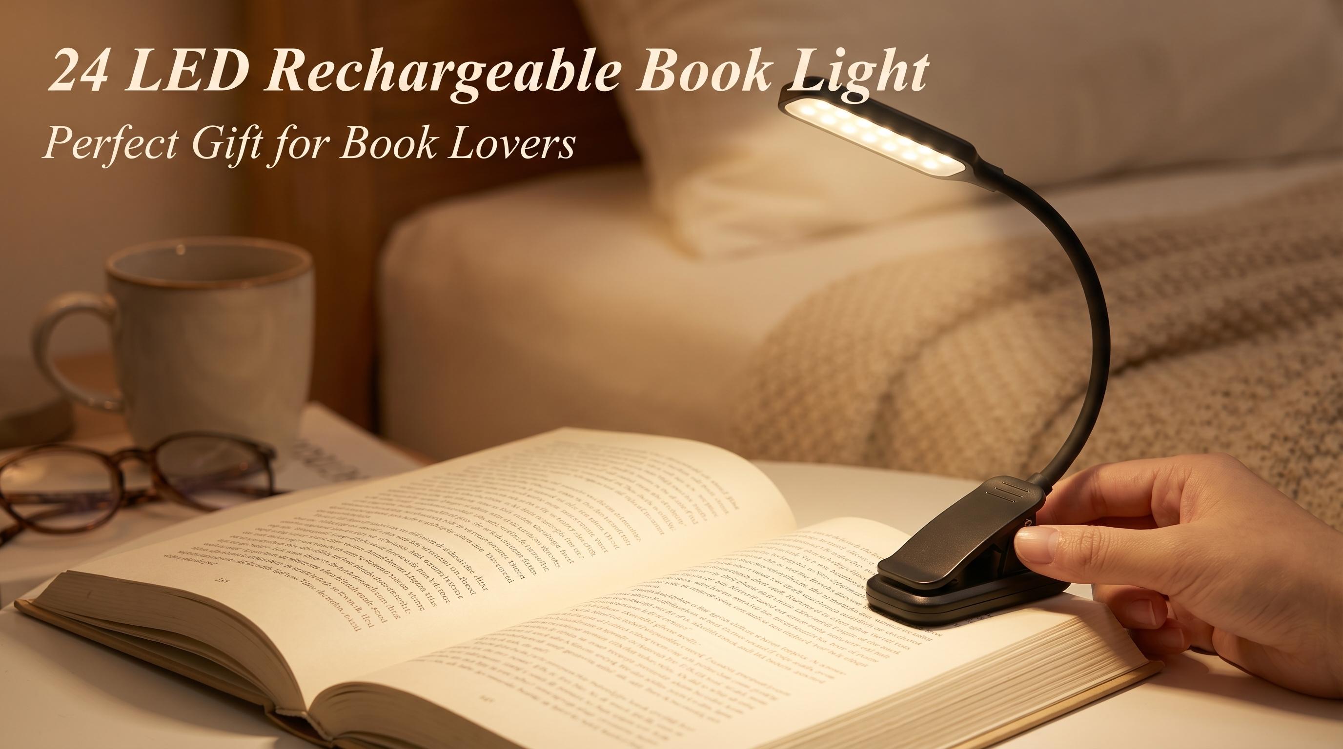Smart LED Reading Lamp Rechargeable Book Light – Adjustable Brightness & Timer, 24 LED Clip On Light with 3 Color Temperatures, Eye Caring Bedside Reading Light for Books in Bed, Gift for Book Lovers