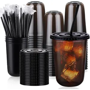 tchrules 100 Set 16oz Plastic Cups with Lids and Straws, Disposable Black Clear Iced Coffee Cup with Lid, Round Bottom Plastic To Go Cups for Cold Drinks Slushie Smoothie Soda Bar Party Shop Supplies