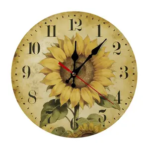 12 Inch Silent Non-Ticking Wooden Wall Clock| Stunning Watercolor Sunflower Print, Battery Not Included, Great Gift for Sunflower Lovers, Perfect for Kitchen, Dining Room, Bedroom, Garden Shed