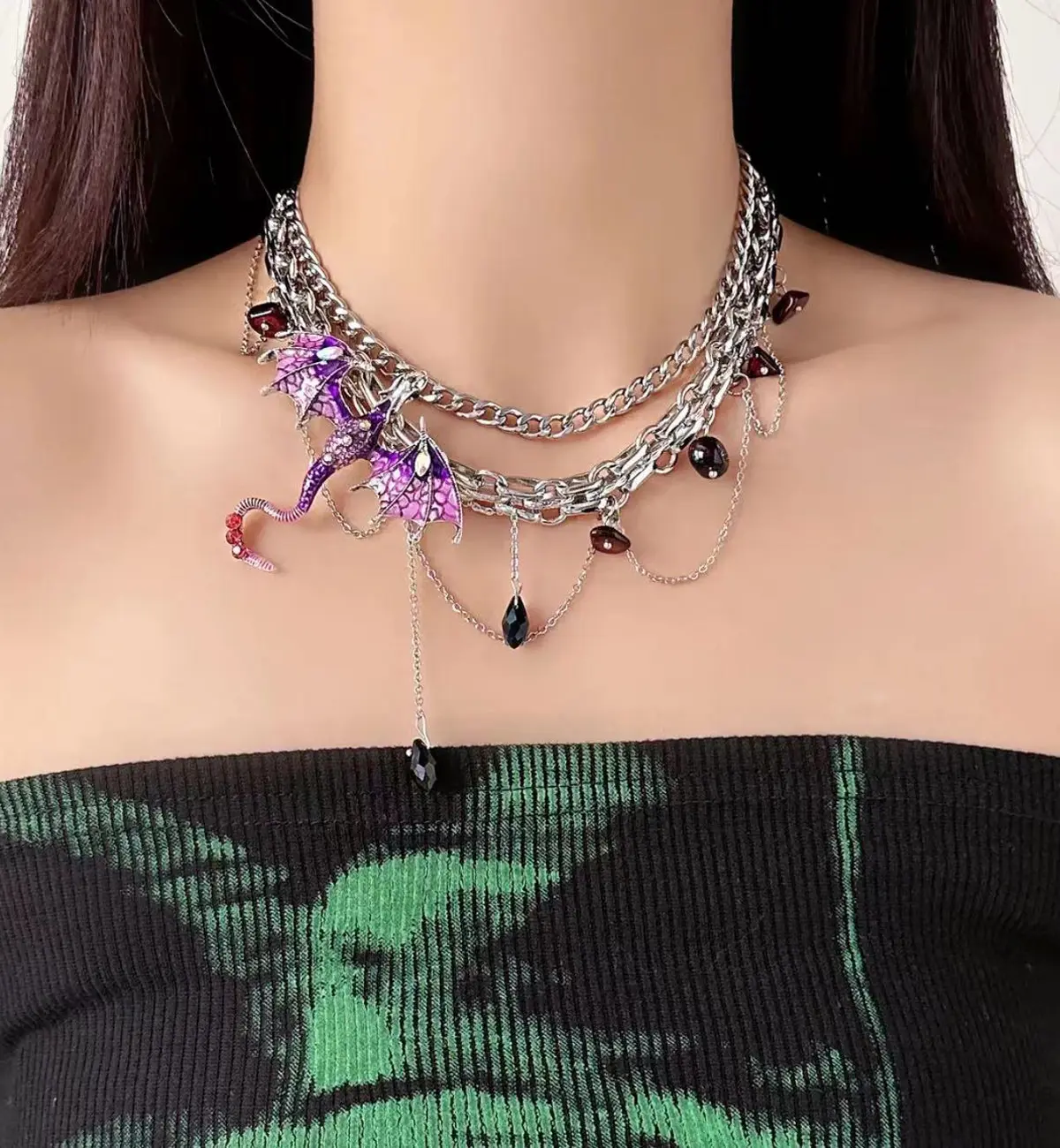 Jemant Dragon Choker Necklace For Women Girls Purple Silver Flying Dragon Charm Pendant Necklace Cuban Link Paperclip Chain With Spike Stainless Steel Cubic Zirconia Cz Stone Y2k Punk Edgy Cool Stack Animal Jewelry Halloween Party Mother Day Gift Ideas
