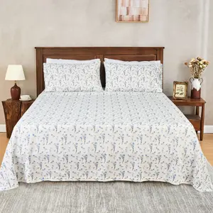 Orbby T-144 Blue Floral 100% Cotton Percale Sheet Set – Ultra Soft Cooling Breathable Bedding, Deep Pocket Fit, Luxury 4PC Bed Sheet Set, Elegant Floral Bedroom Essential