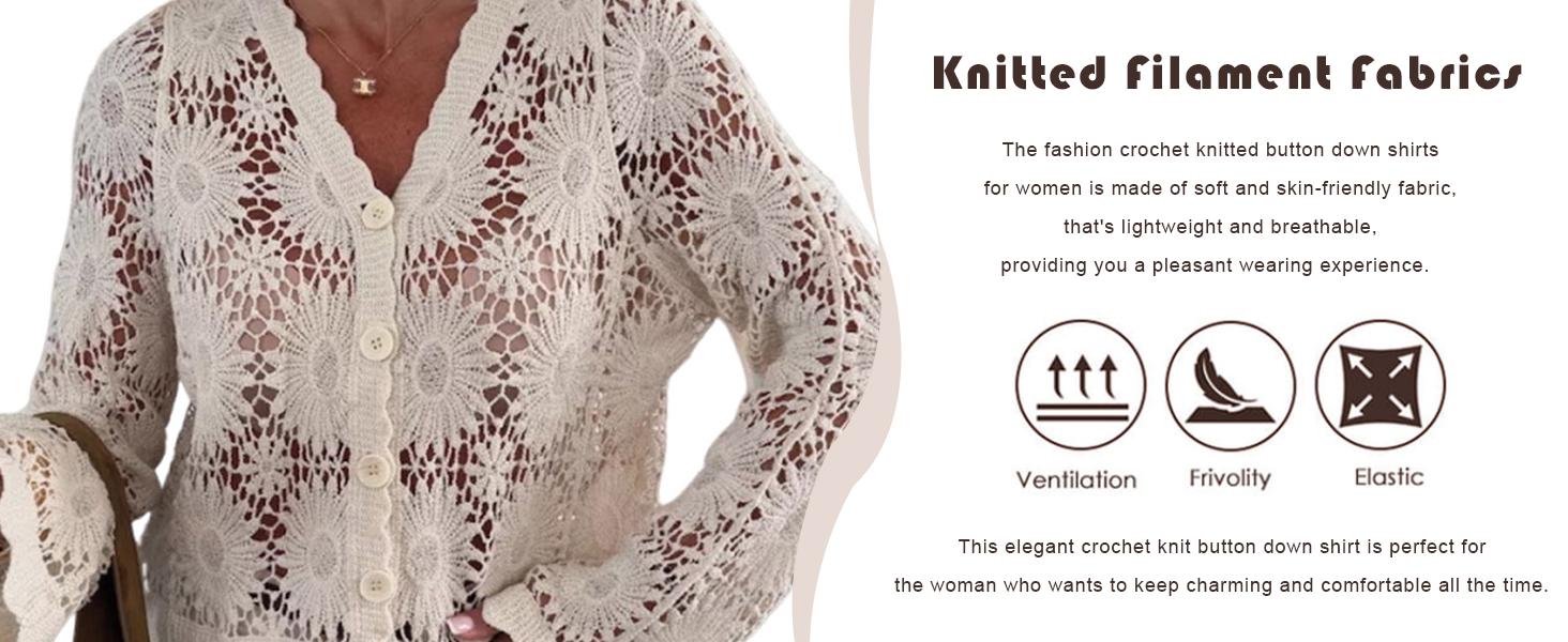 utcoco Womens Beach Vacation Crochet Knit Crop Cover Up Swimwear Sexy Hollow Out Long Sleeve Button Down Shirt Tops SpringStatements